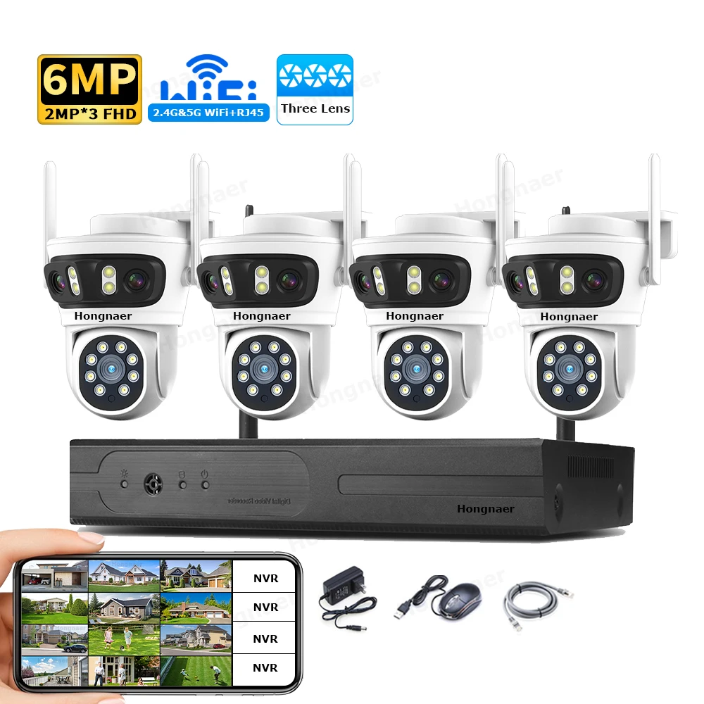 Home Security Systems With Cameras - 2026 Hongnaer 6MP 4CH 3-lens 2.4G