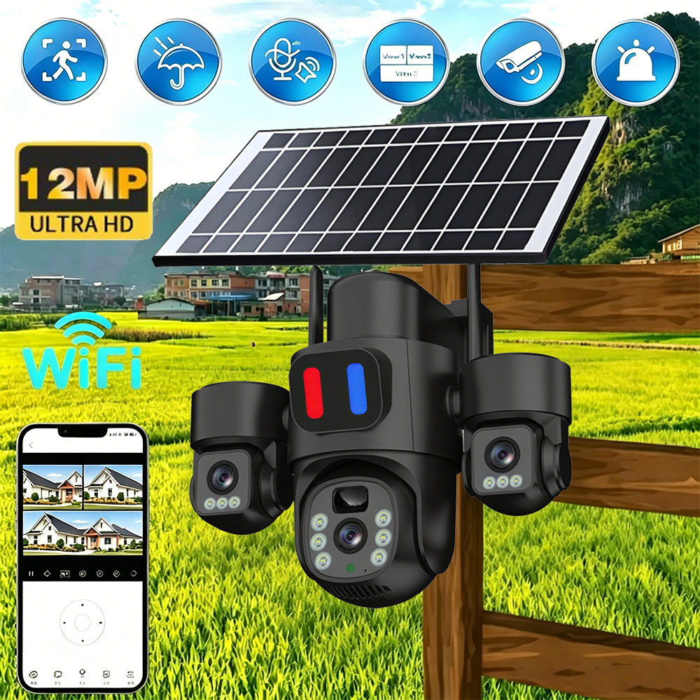 Home Security Tech - Solar WiFi PTZ-camera Buiten Drievoudige lens